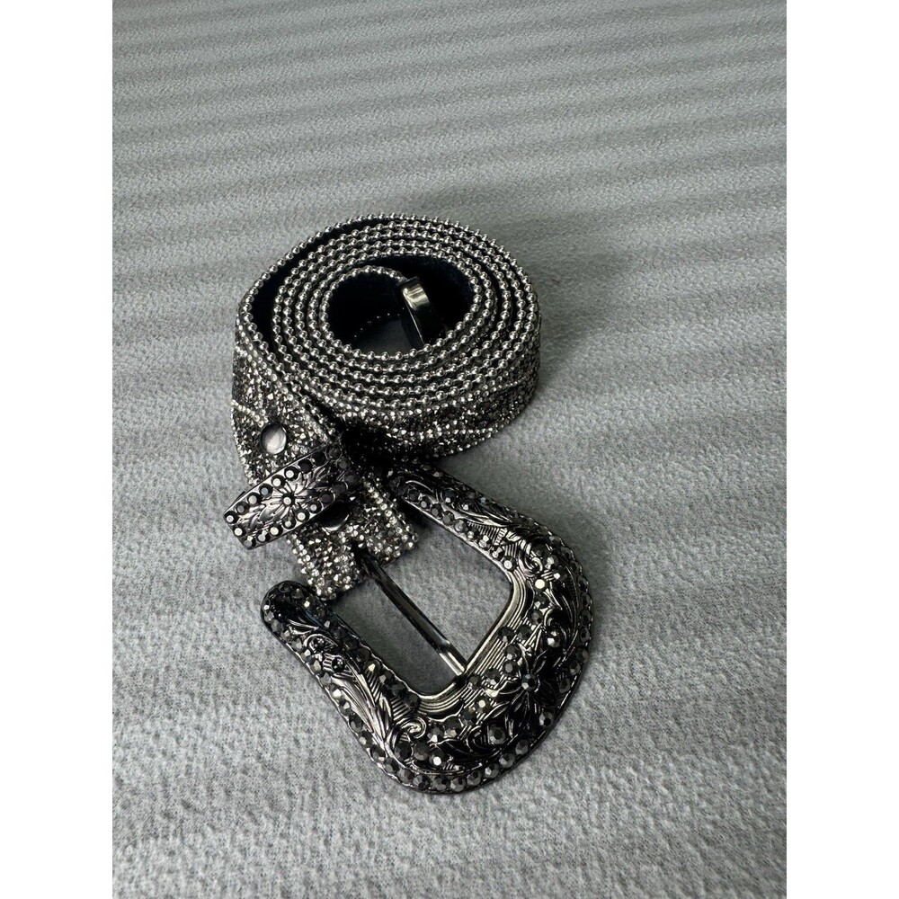 Women’s Rhinestone Western Belt Genuine Leather L/XL Silver Black 6516
